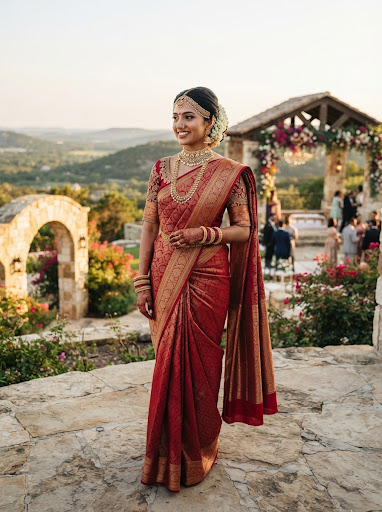 South Asian bride sari draping & bridal hair