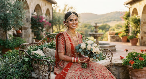 Editorial portrait of a radiant South Asian bride in traditional embroidered red and gold bridal lehenga, adorned with exquisite gold temple necklace, maang tikka, matha patti, and intricate henna mehendi hands holding delicate ivory roses, seated in luxury Italianate Austin Hill Country villa courtyard bathed in warm golden hour afternoon sunlight.