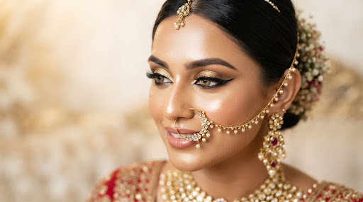 Close up high-fashion bridal makeup detail of an Indian bride with gilded metallic eye shadow, defined eyeliner wings, sculpted brows, and regal gold nose ring nath, soft bridal glow in a warm cream studio light.